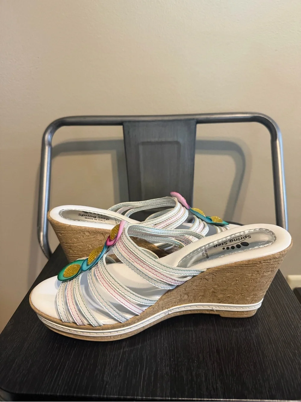 Spring Step Italy Leather Floral Wedge Slide Sandals EU 39. 8.5